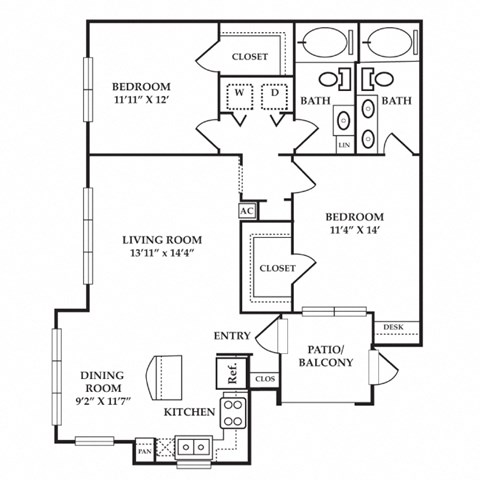 Floor plan for 2 beds, 2 baths, 1112 sqft